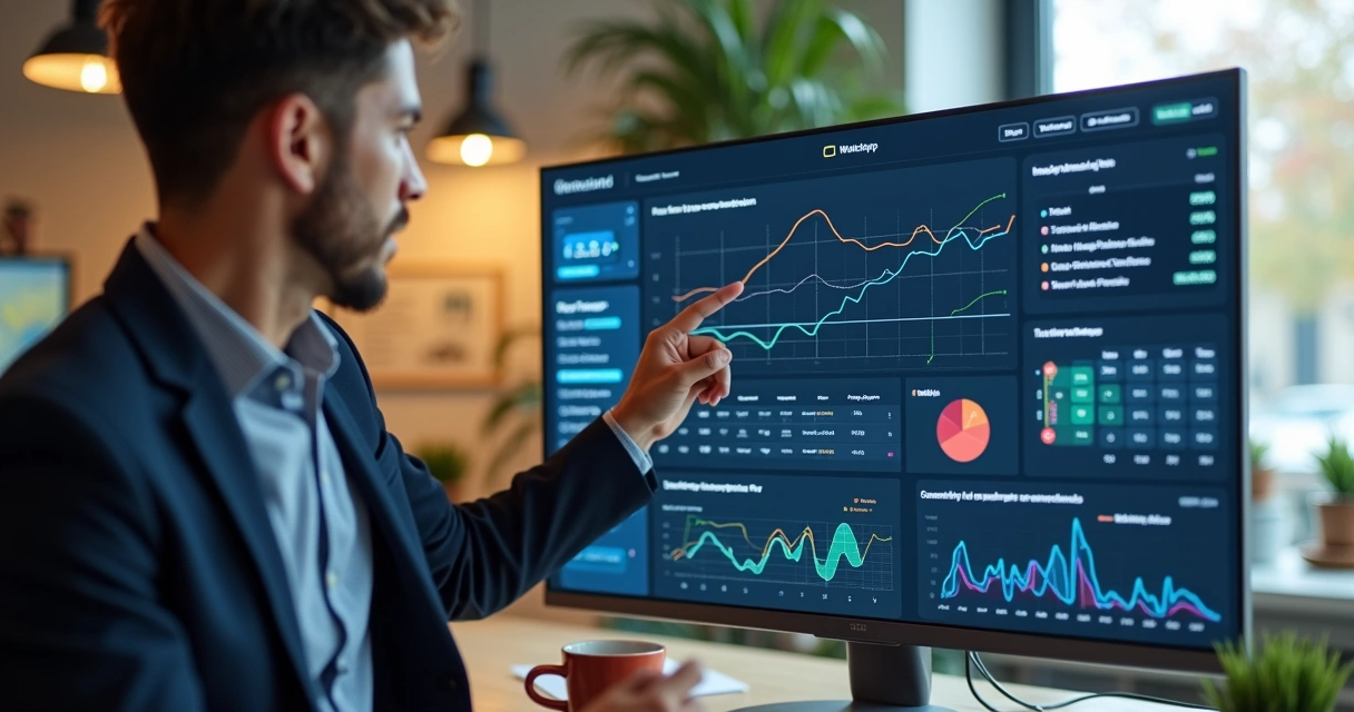 Dashboard digital mostrando estatísticas de atendimento e funil de vendas do WhatsApp 