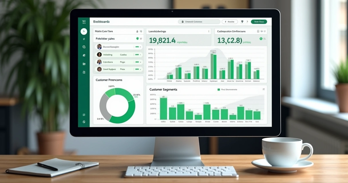 Painel de controle exibindo gráficos de vendas e conversas de WhatsApp.