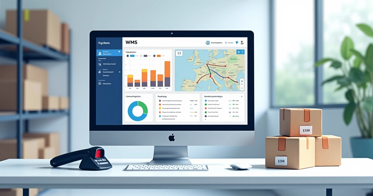 Dashboard de sistema WMS com gráficos de estoque em tela de computador 