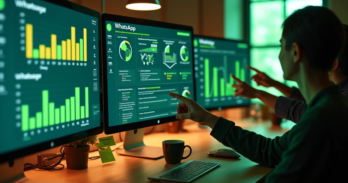 Gráfico de métricas de atendimento WhatsApp em tela de computador 