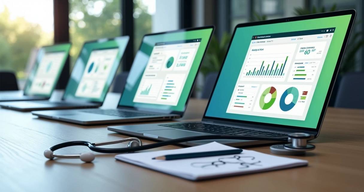 Dashboards de dados com métricas de vendas em saúde B2B em notebooks 
