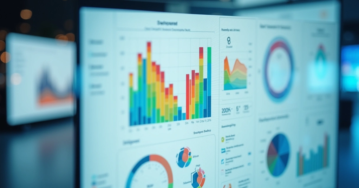 Tela de dashboard de IA em fundo branco mostrando gráficos coloridos, mapas de calor e análise de dados integrados em ambiente corporativo 