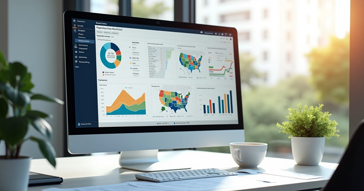 Dashboard de dados imobiliários em tela de computador 
