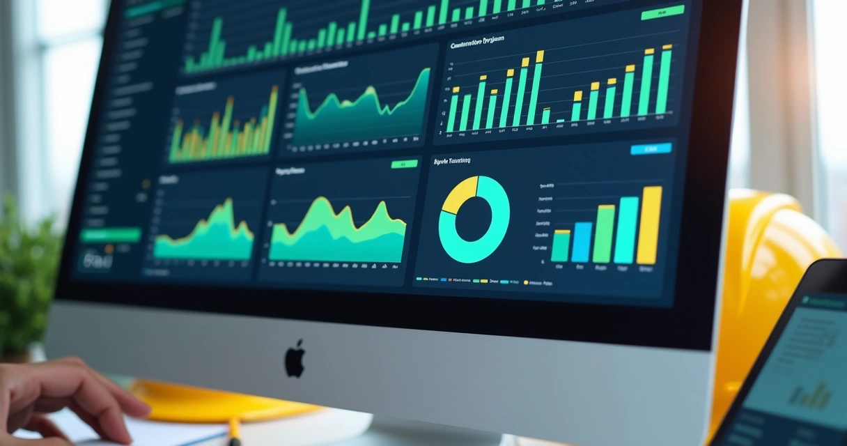 Dashboard digital com gráficos de indicadores da construção civil