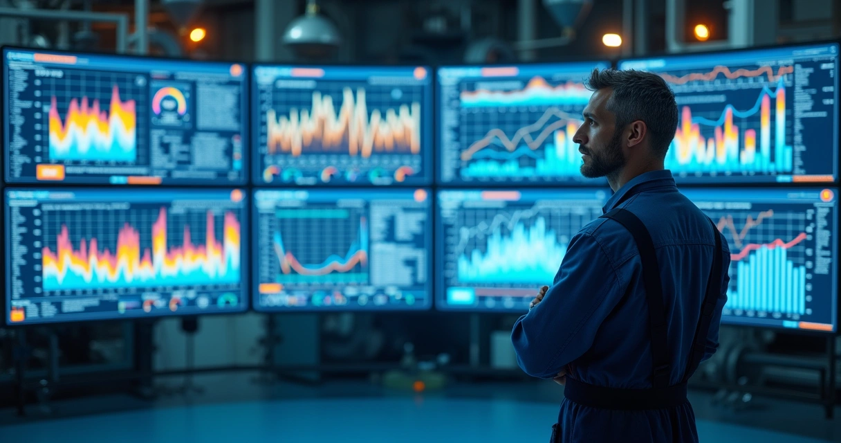 Técnico acompanha dashboards industriais com gráficos em tempo real 