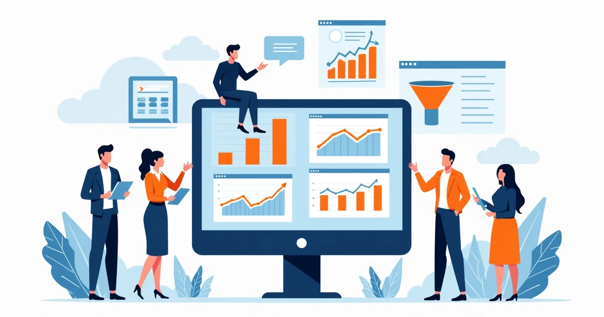 Analytics de vendas e funis com pessoas observando gráficos em telas 