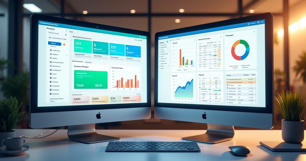 Tela dividida mostrando dashboards integrados do PRM e CRM, com gráficos comparando performance de vendas direta e indireta. 