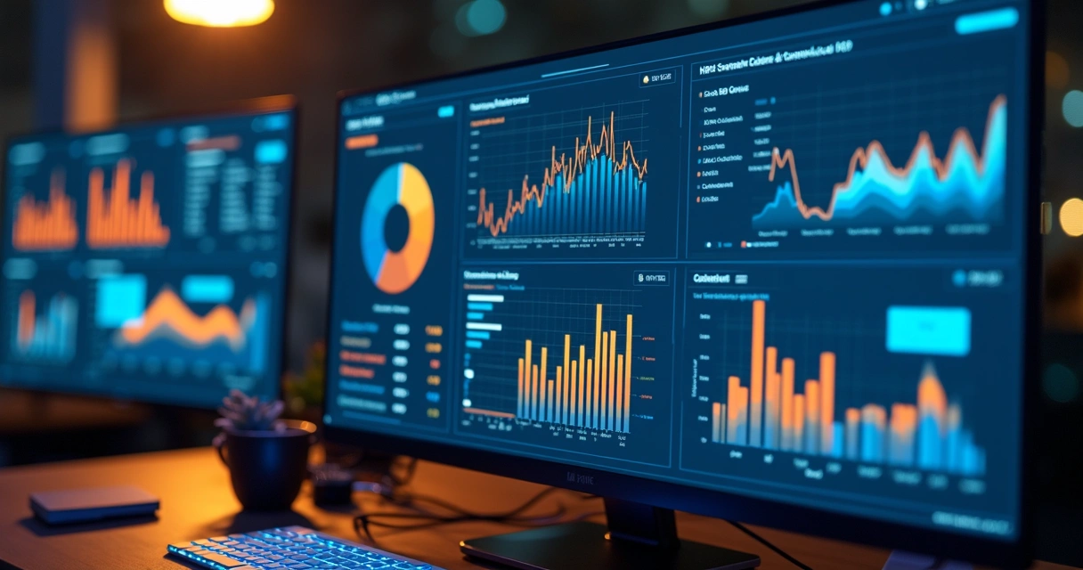 Painel digital com KPIs e gráficos reais de receita e leads no B2B 
