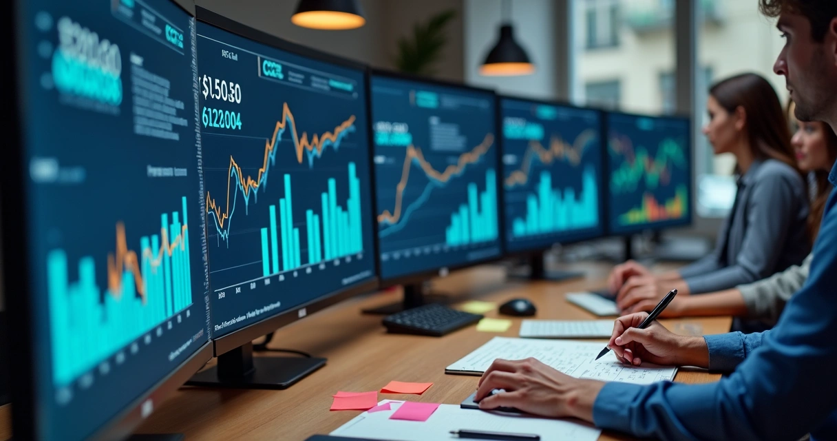 Dashboards exibindo métricas de campanhas de anúncios online, com gráficos de CPC, CPM e ROI 