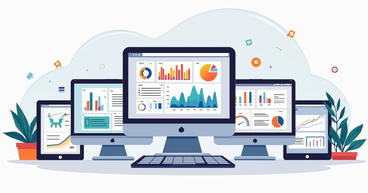 Dashboards no-code mostrados em diferentes dispositivos de empresas variadas 
