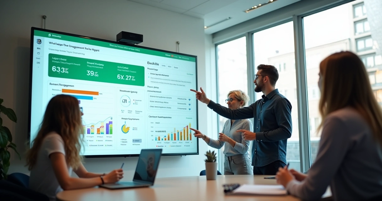 Dashboard de engajamento do WhatsApp mostrando diferentes métricas em tela grande 