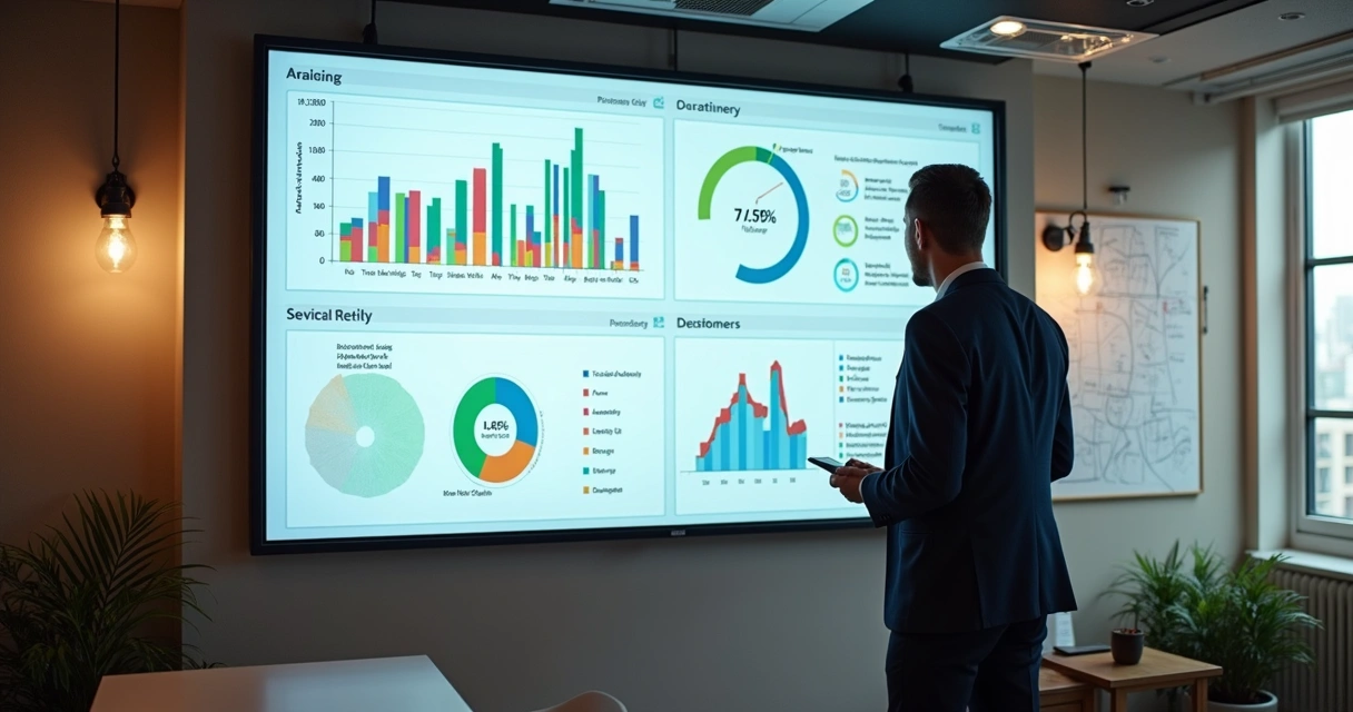 Dashboard colorido exibindo relatórios financeiros e indicadores de desempenho em tela grande em escritório moderno 