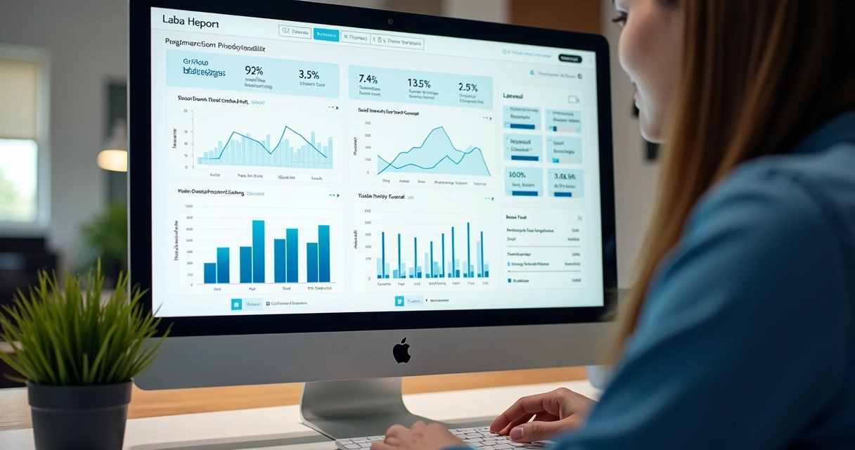 Painel de relatórios automáticos em tela de computador com gráficos de participação 