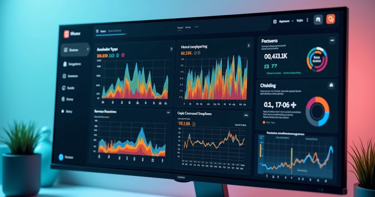 Dashboard digital com gráficos mostrando resultados em SEO e IA 
