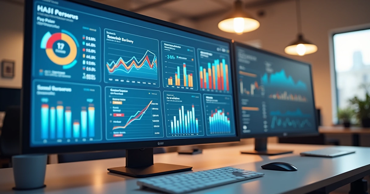 Dashboard colorido com gráficos financeiros em tela de computador 