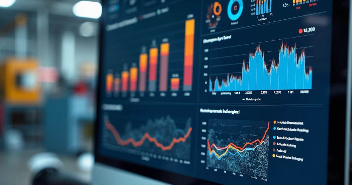 Dashboard digital de gestão de ativos industriais em tela de computador 