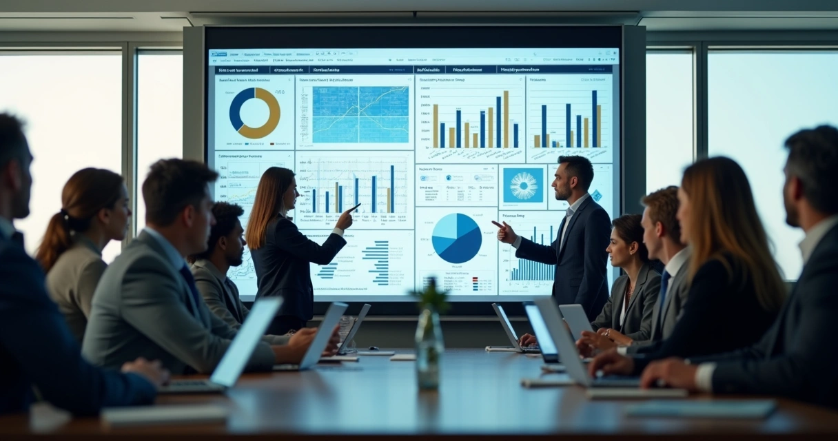 Equipe reunida analisando dashboards de BI em uma tela grande 