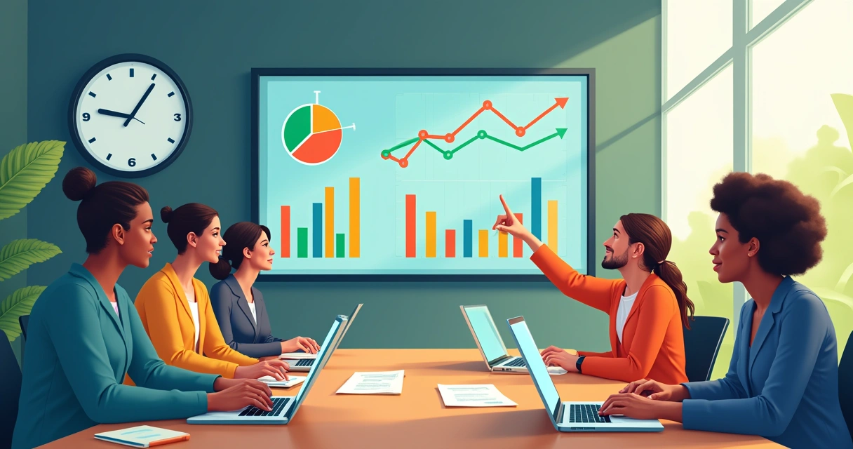 Professionals collaborating in an office around a screen showing colorful data analytics and customer engagement trends.