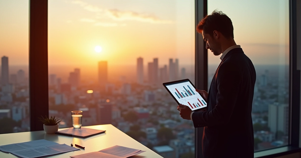 Professional reviewing charts while reflecting quietly by a window 
