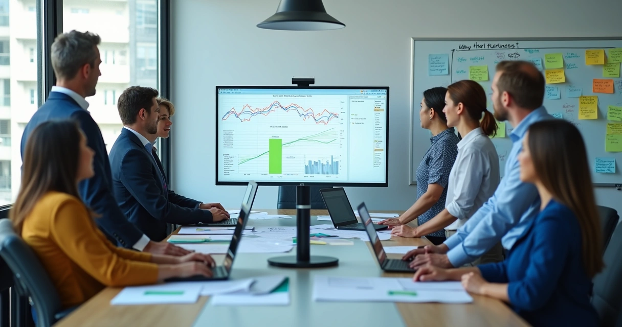 Team reviewing data fairness on a large monitor