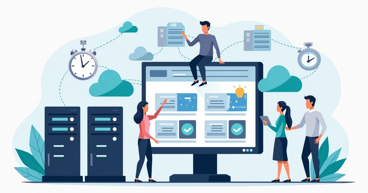 Equipe de TI verificando backups em servidores e nuvem 