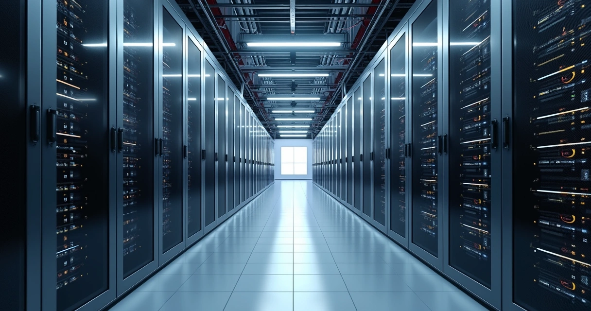 Sala de data center moderna com cabeamento estruturado e sistema de refrigeração de precisão 