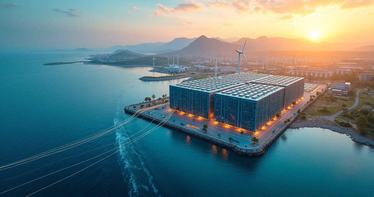 Vista aérea de data centers e cabos submarinos no pecém 