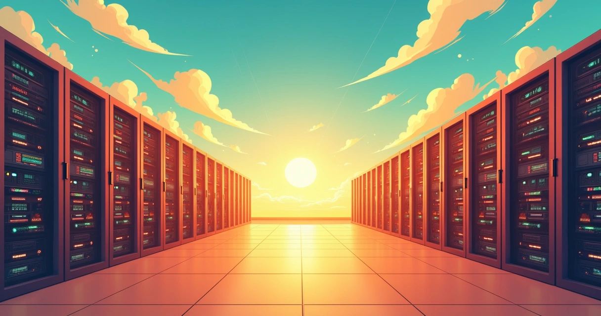 Data center em ambiente quente com servidores aquecidos e soluções de resfriamento ao fundo.