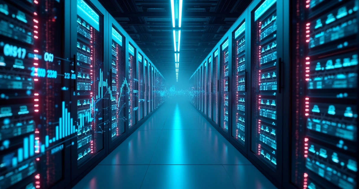 Corredor de data center moderno com gráficos de crescimento e ícones de IA sobrepostos 