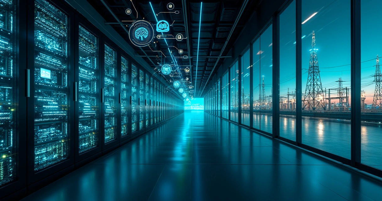 Data center moderno com GPUs e ícones de energia e inteligência artificial interligados 