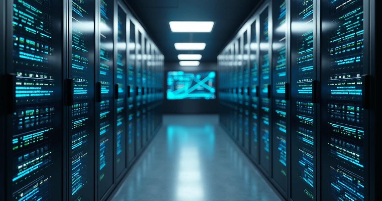 Painel de monitoramento em corredor de data center 