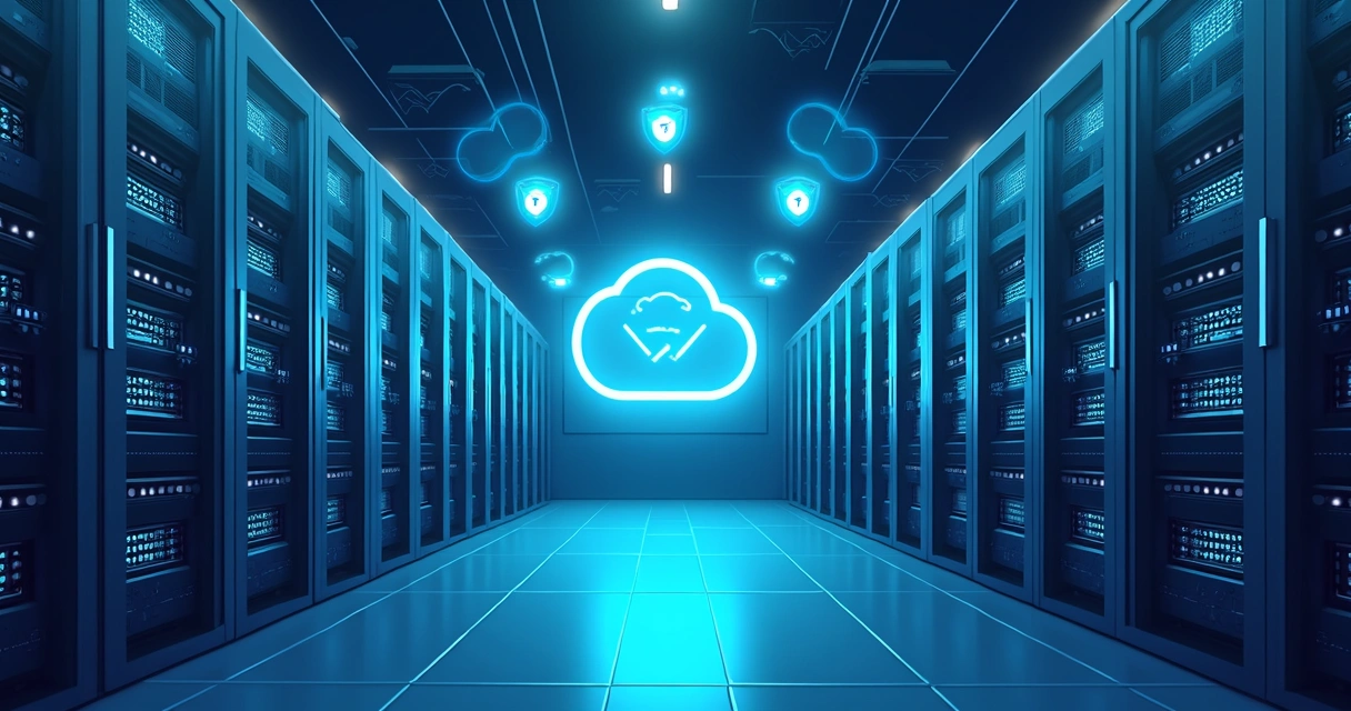 Server racks in a secure data center with digital failover indicators 