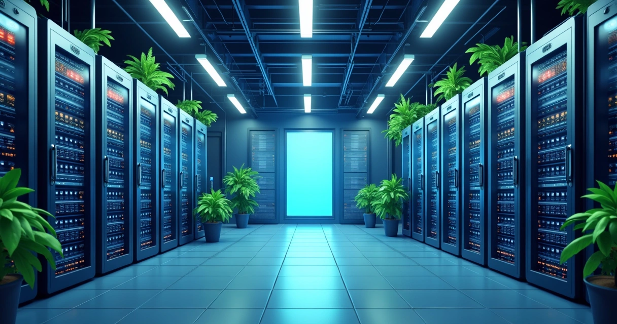 Vista de um data center moderno no Brasil com cabos e servidores