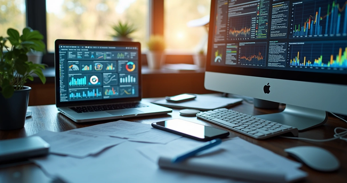 Desk with multiple digital devices showing disorganized data and charts, representing common data centralization errors 