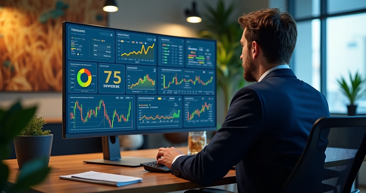 Person analyzing digital finance dashboard with charts and risk metrics 