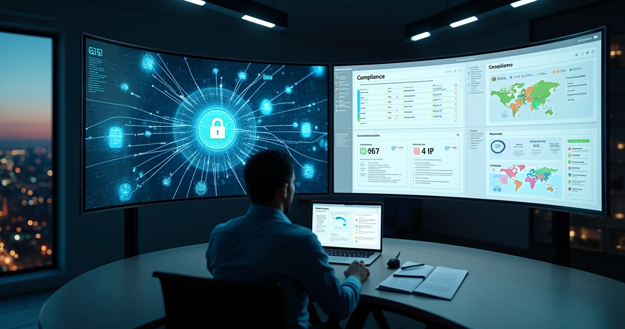 IT manager comparing encryption data flow with compliance checklist on dual screen dashboard 