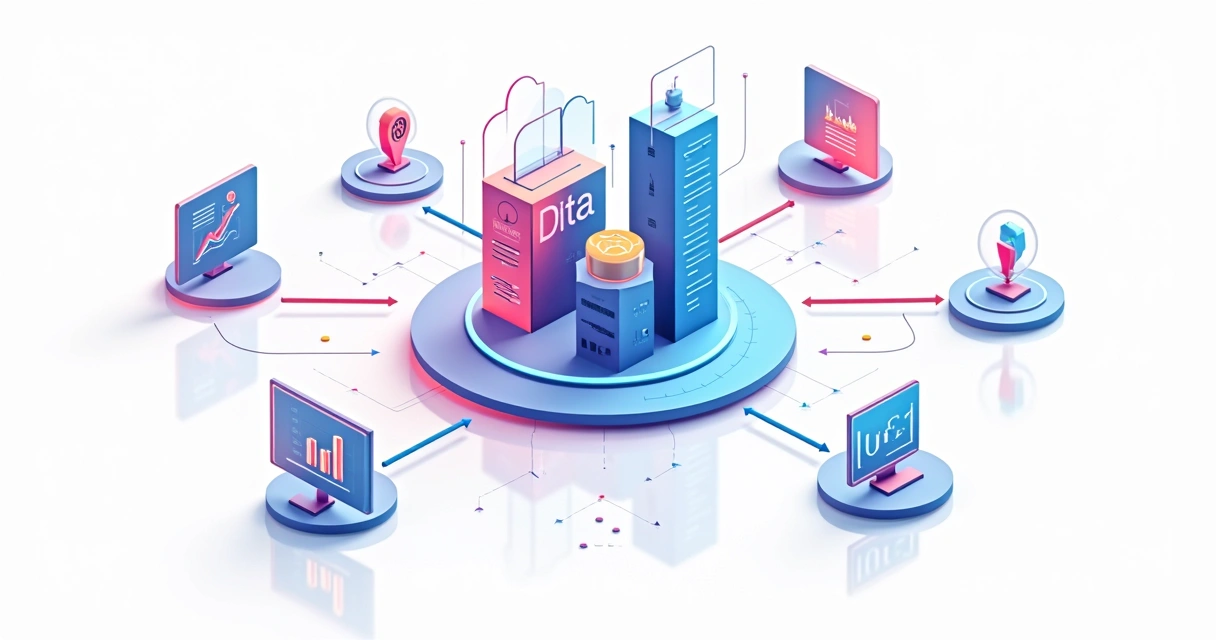 Central de dados conectando setores com ilustrações digitais 
