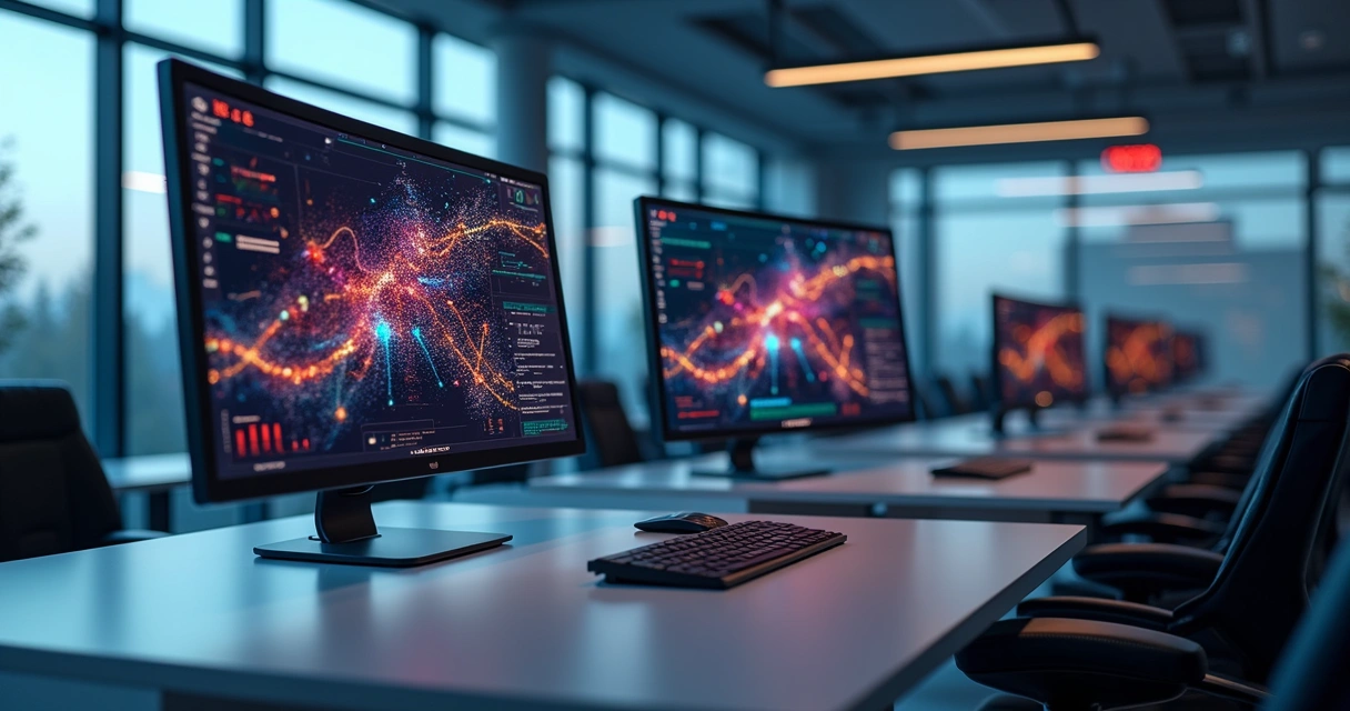 Modern workspace with multiple screens showing interconnected data flows and business analytics 
