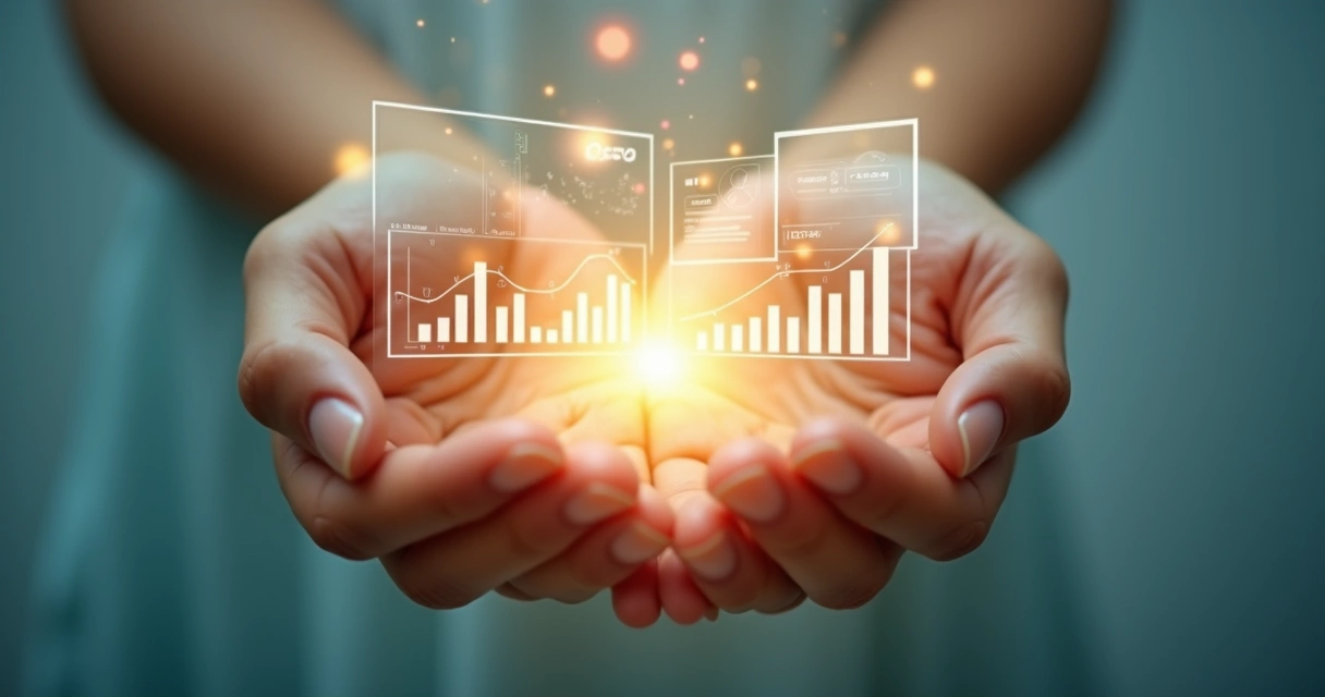 Two hands holding data and light in balance 