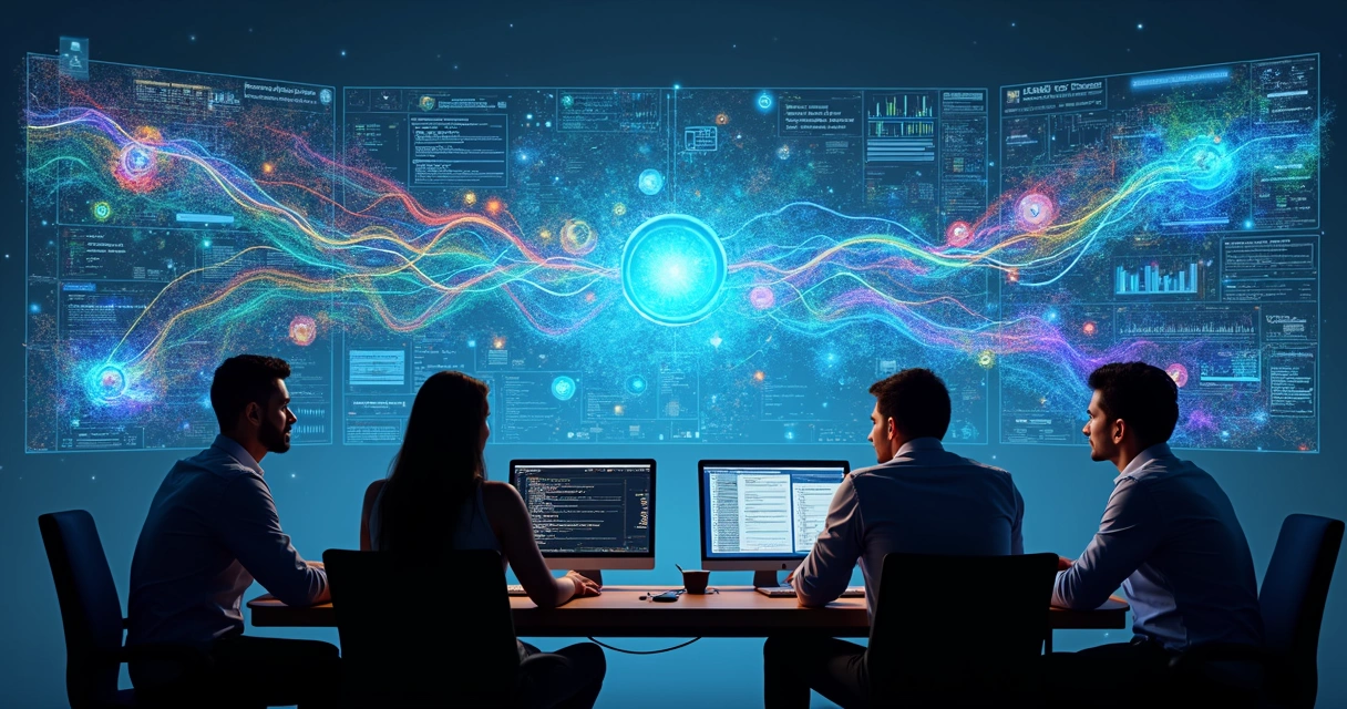 Equipe de TI reunida ao redor de telas analisando visualizações de dados 