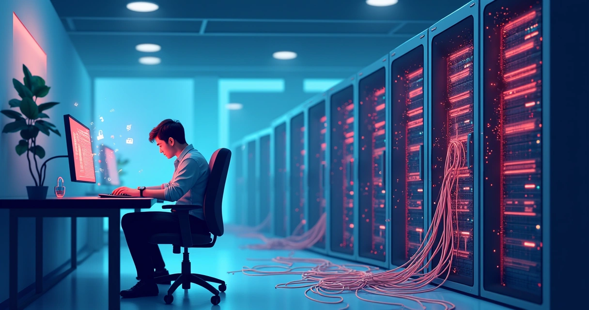 Corporate worker at desk with server cables tangled, data flow symbols leak out unseen