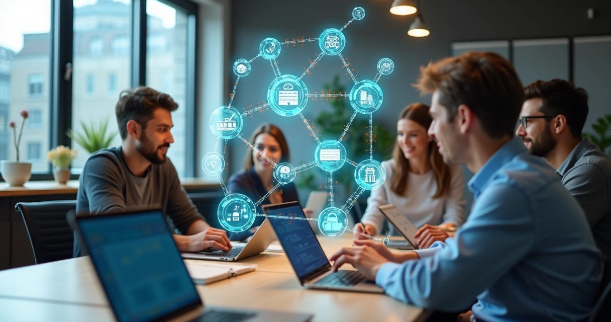 Conceito de data mesh conectado a pequenas empresas com dados integrados em rede 