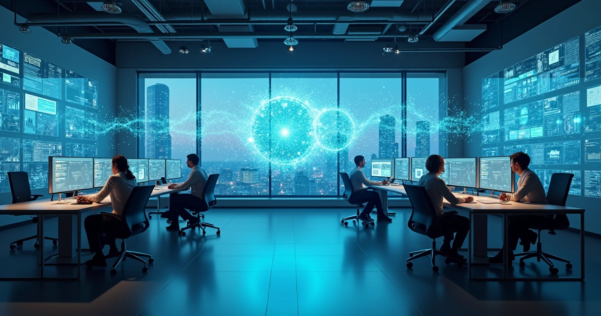 Conceito de data mesh conectando pequena e grande empresa em ambiente de tecnologia 