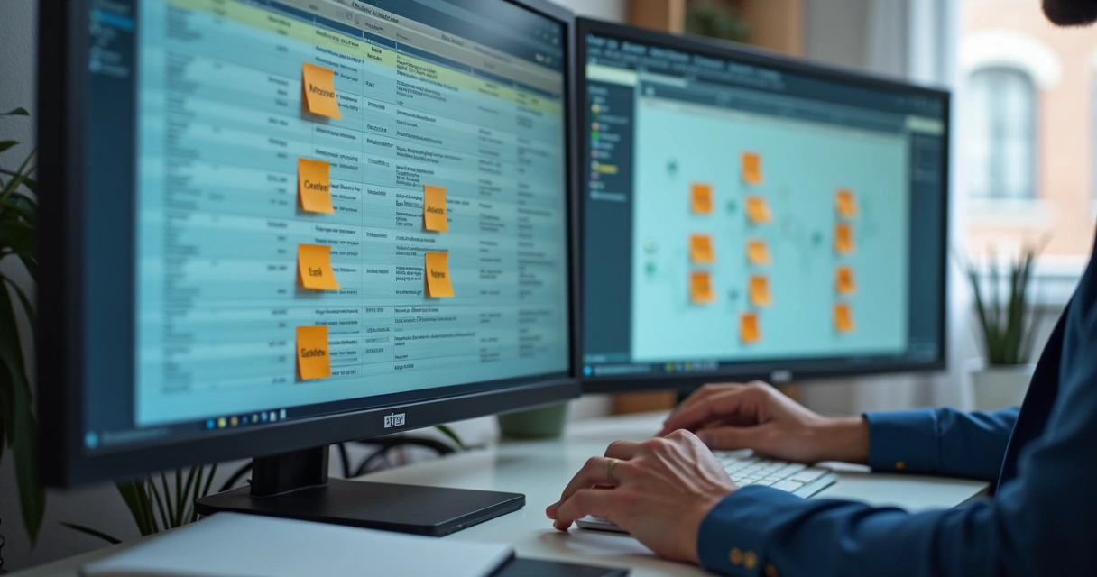 Analyst building a CRM data model on a large monitor