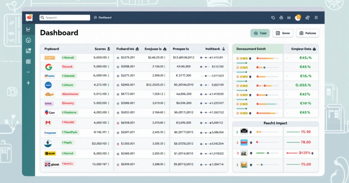 Dashboard showing normalized market data, unified currency, score bars for trust and impact. 