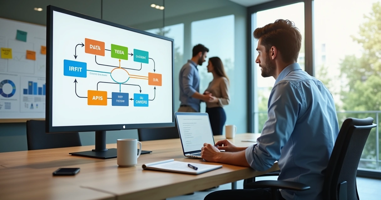 Gestor analisando data pipeline visual em tela grande de computador 