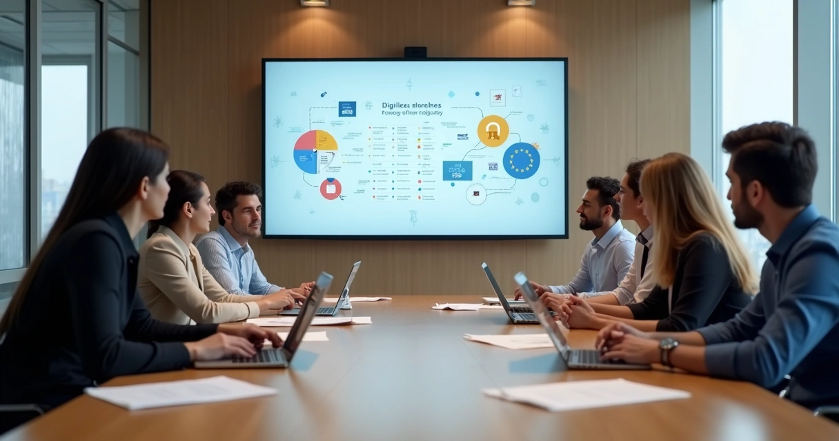 Team reviewing digital policies with compliance checklist and privacy symbols 