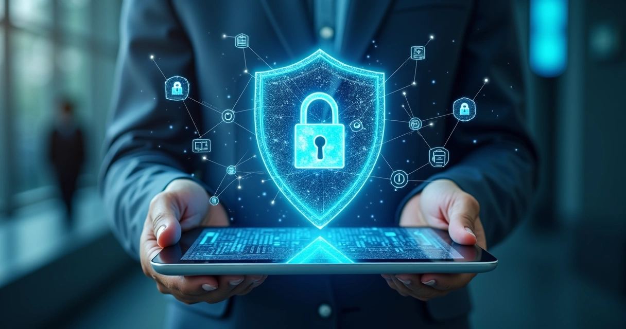 Digital shield symbol and network connections representing data protection 