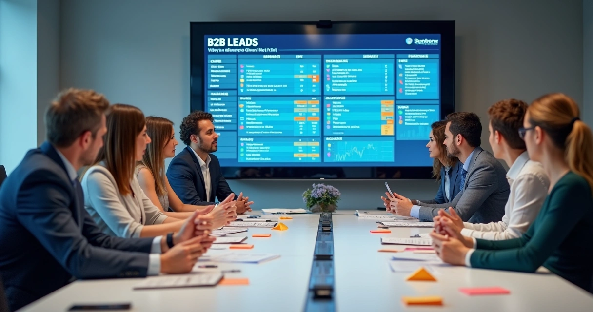 Equipe de vendas analisando lista de leads B2B com gráficos na tela 