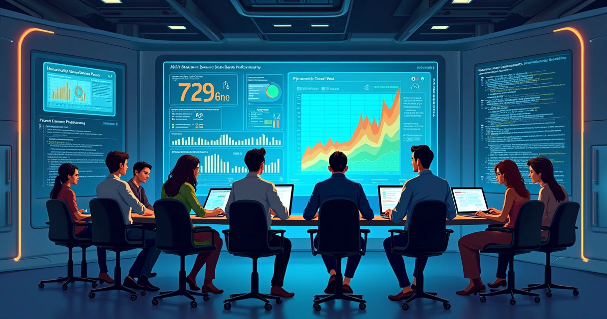Control room with a team analyzing database performance metrics and displays about JPA and JDBC.